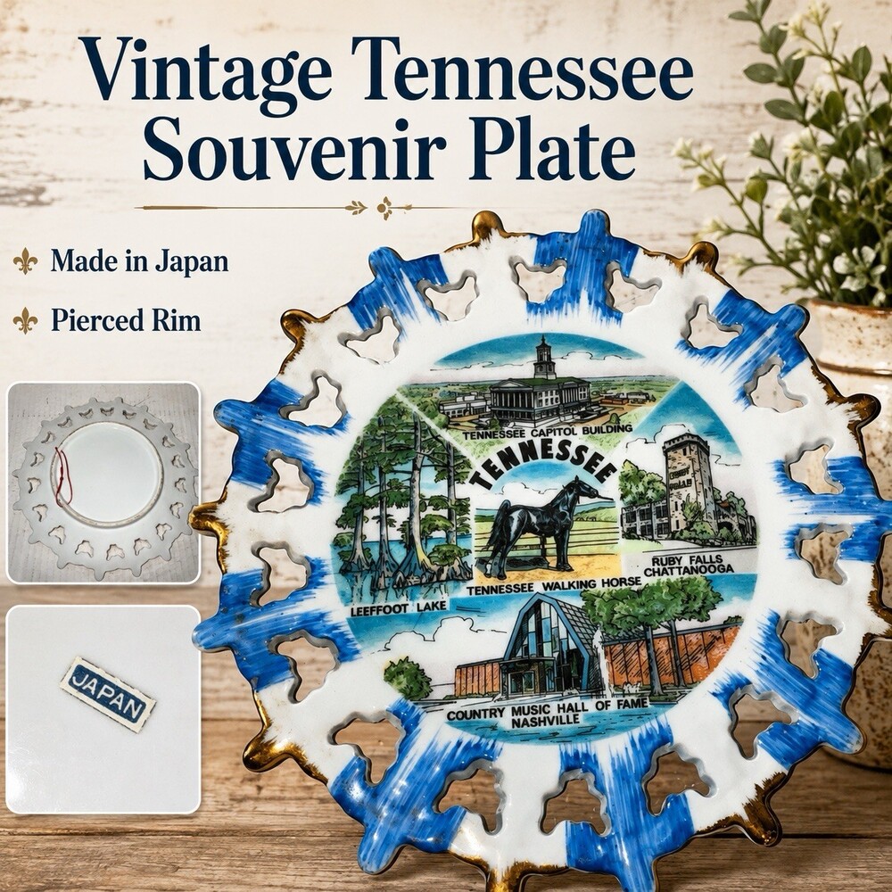 Vintage Tennessee Souvenir Plate Japan Pierced Rim Blue Gold Scenic Decor